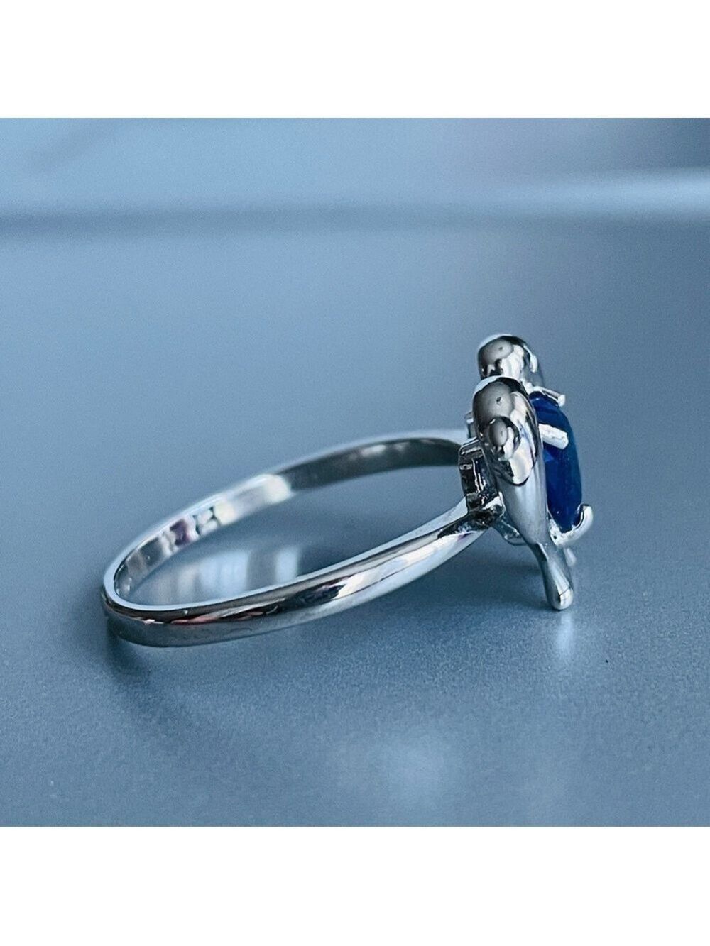 Lab Sapphire Heart 2 Dolphins Sterling Silver Ring Beach Ocean Summer - Picture 3 of 9